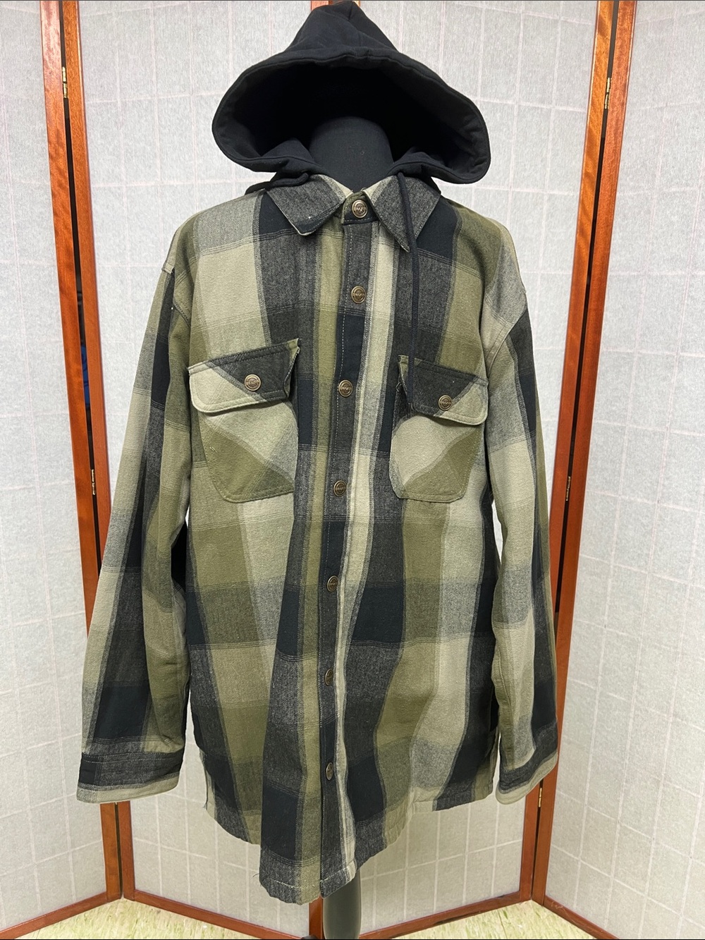 Men's Olive Plaid Hooded Lightweight Shirt Jacket